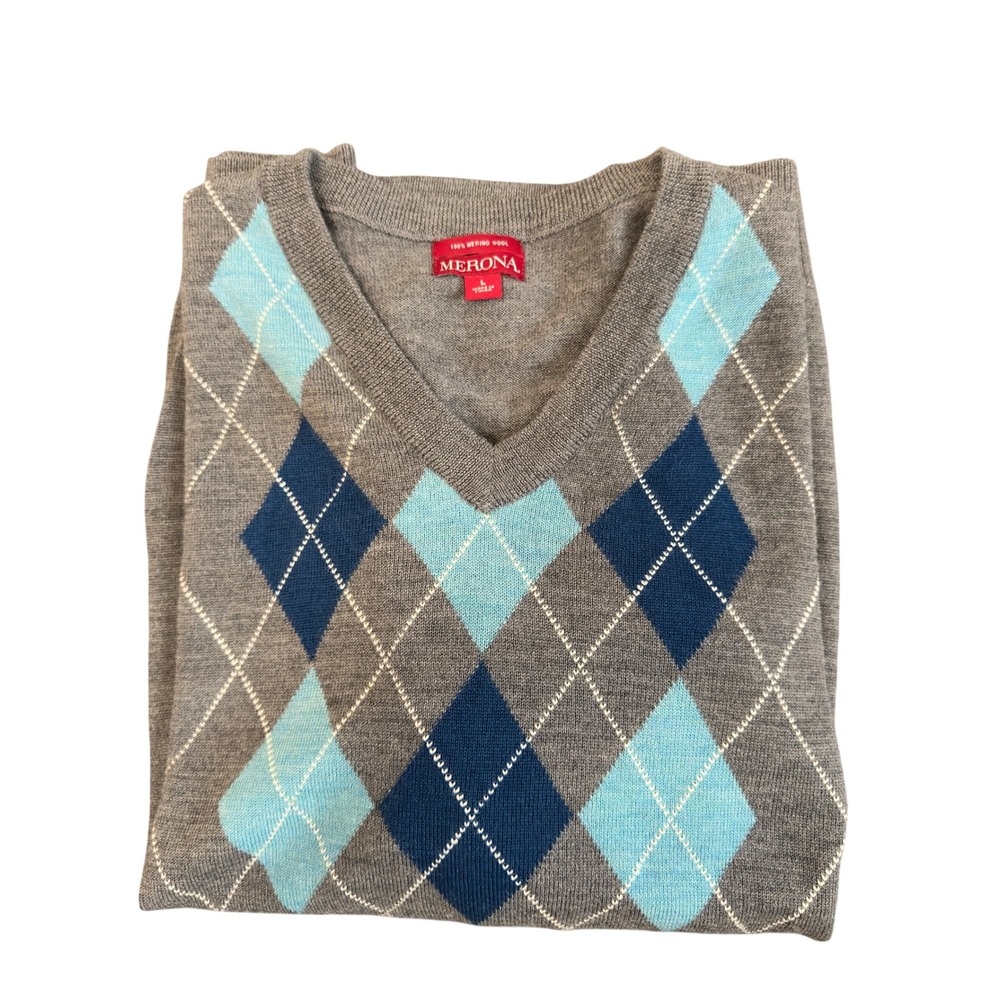 Merona Sweater Mens Large Gray Blue Argyle 100% Merino Wool V-Neck Pullover